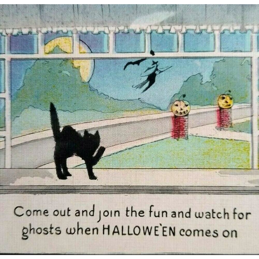 Halloween Postcard Metropolitan News 412 Black Cats Window Witch Unused